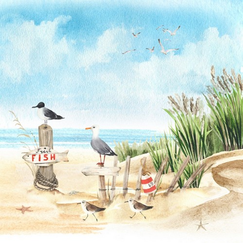 20 Servietten Fresh Fish at Coastal Dune - Möwen kundschaften den Strand aus 33x33cm