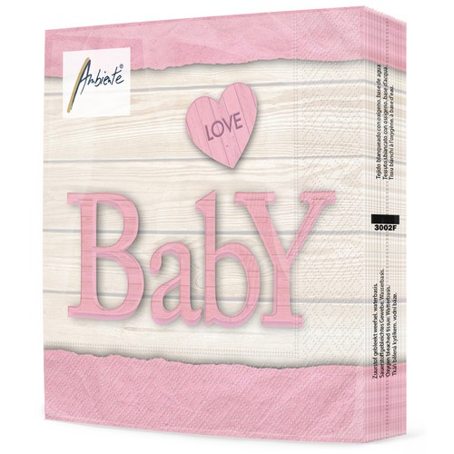 20 Servietten Baby Love Girl - Baby auf Holz rosa 33x33cm