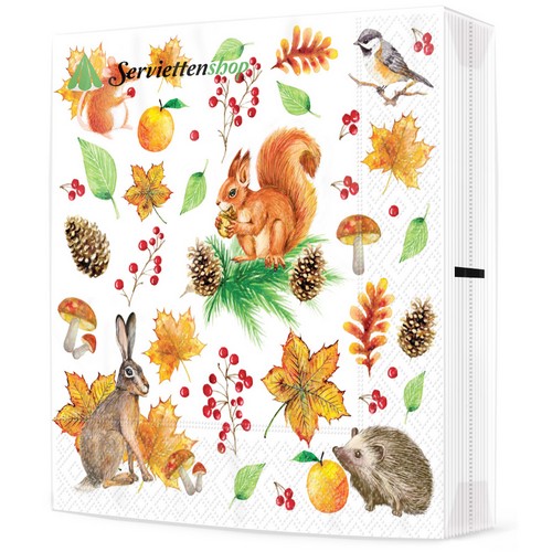 20 Servietten Autumn Moments - Herbstliche Blätter und Tiere  33x33cm