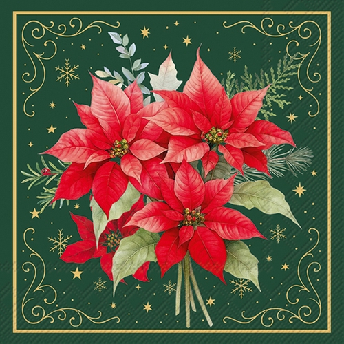 20 Servietten Christmas Flowers green - Weihnachtsstern auf dunkelgrün 33x33cm
