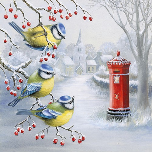 20 Servietten Waiting for Mail - Blaumeisen vor Winterstadt 33x33cm