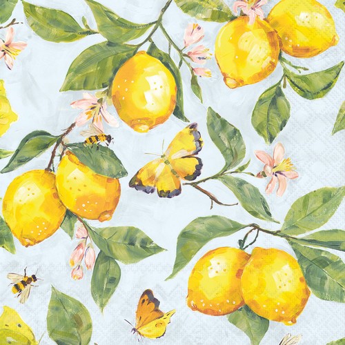 20 Servietten Fresh Lemons blue - Schmetterlinge an frischen Zitronen blau 33x33cm