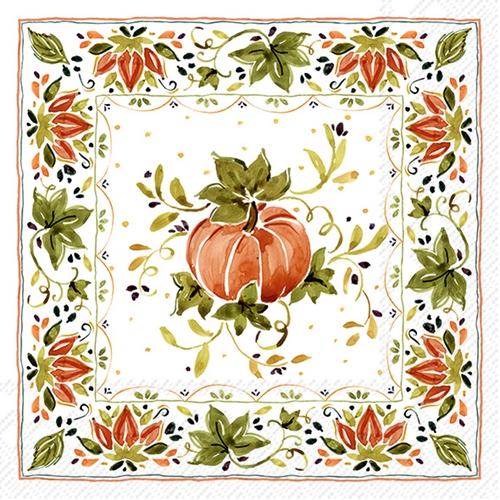 20 Servietten Pumpkins with Ornaments - Kürbis mit Blätter-Umrandung 33x33cm