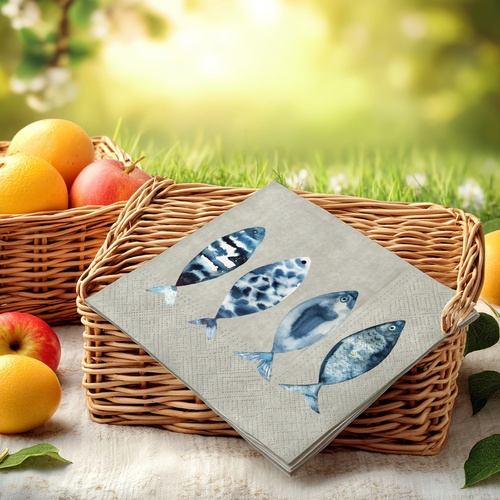 20 kleine Cocktailservietten High tide fish - Fische auf Betonfarbe 25x25cm