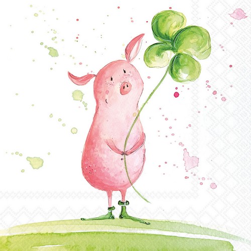 20 Servietten Sweet and lucky - Lustiges Schweinchen mit Kleeblatt 33x33cm