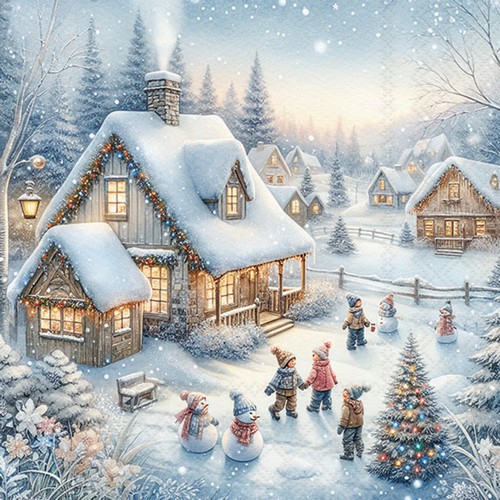 20 Servietten Winter in Backyard - Weiße Winterstadt mit Kinder 33x33cm