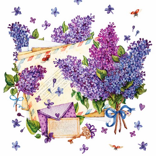20 Servietten Lettre de Printemps - Flieder auf Briefe 33x33cm