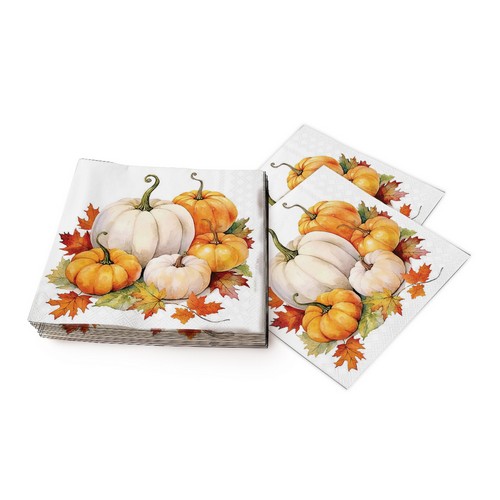 20 Servietten Pumkin Season - Große Kürbisse an Blätter 33x33cm