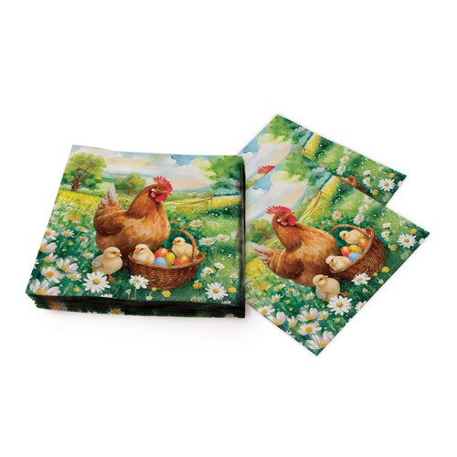 20 Servietten Easter Chick in Meadow - Henne am Korb mit Küken 33x33cm
