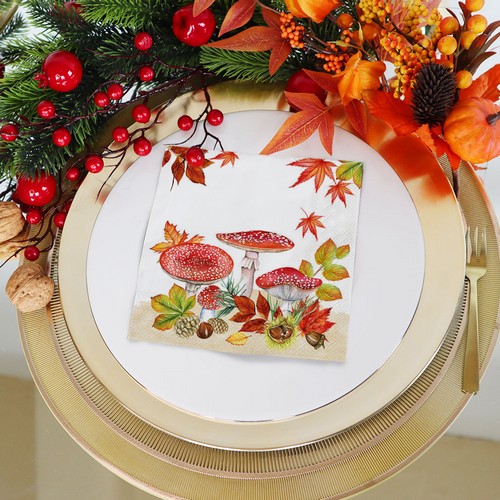 20 Servietten Fly Agaric Group - Fliegenpilze an Herbstblätter 33x33cm