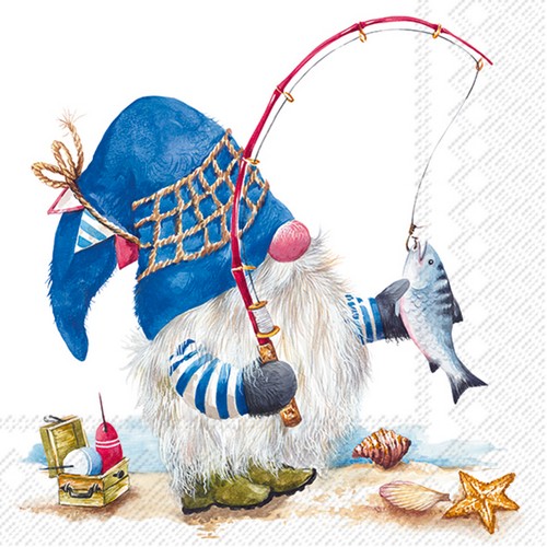 20 Servietten Freddy - Zwerg als Angler 33x33cm