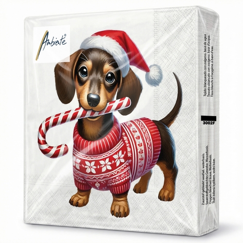20 Servietten Anton - Weihnachtsdackel mit Zuckerstange 33x33cm
