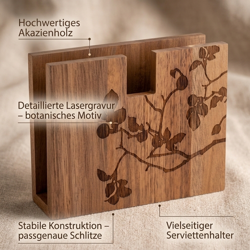 Serviettenhalter Pure Branch - mit Naturgravur, aus Akazienholz,, für die Größen 25x25cm, 33x33cm, Maße:16,5x12cm