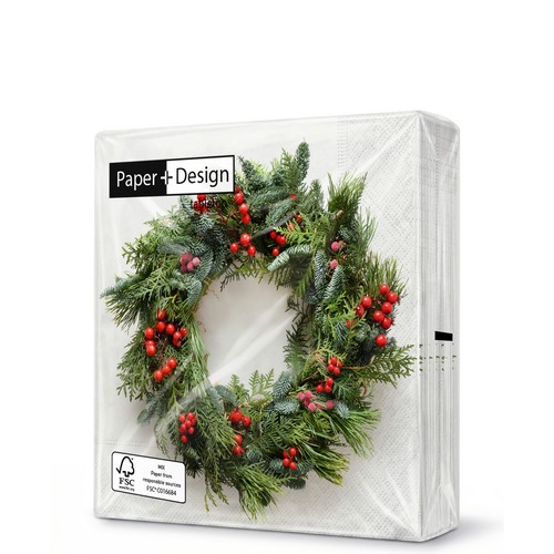 20 kleine Cocktailservietten Merry berry wreath - Natürlicher Kranz mit Beeren 25x25cm