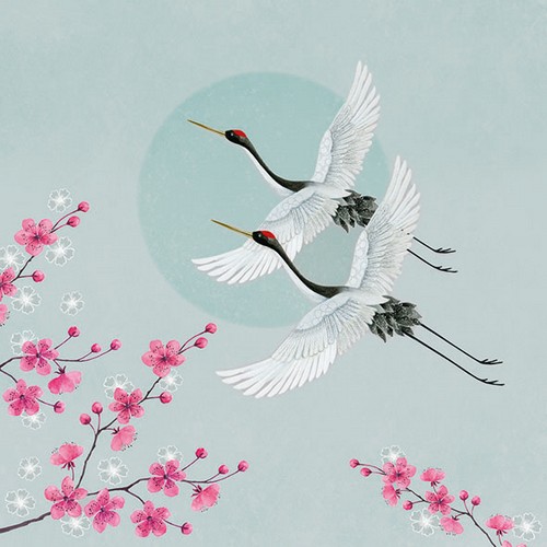 20 Servietten Cranes green - Paar an Kraniche hellblau 33x33cm