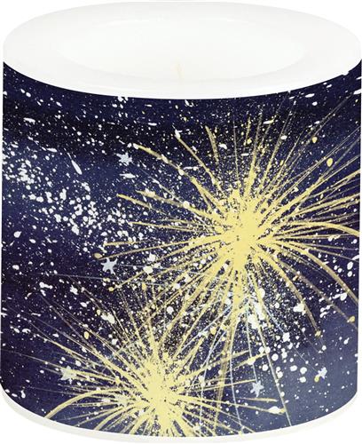 Kerze rund klein Happy Silvester blue - Feuerwerk am Nachthimmel Ø7,5cm, Höhe 7,5cm