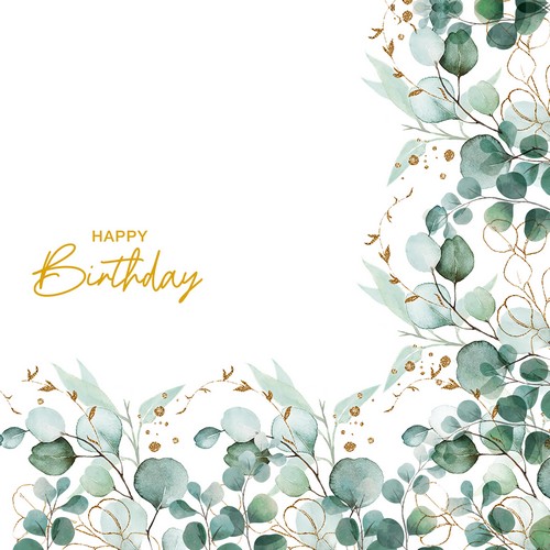 20 Servietten Eucalyptus Frame Happy Birthday - Eukalyptus Bordüre Geburtstag 40x40cm