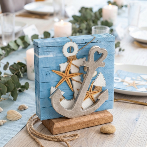 Serviettenhalter Anchor - Anker silber für alle Serviettengrößen, aus Holz, 15,5x17cm