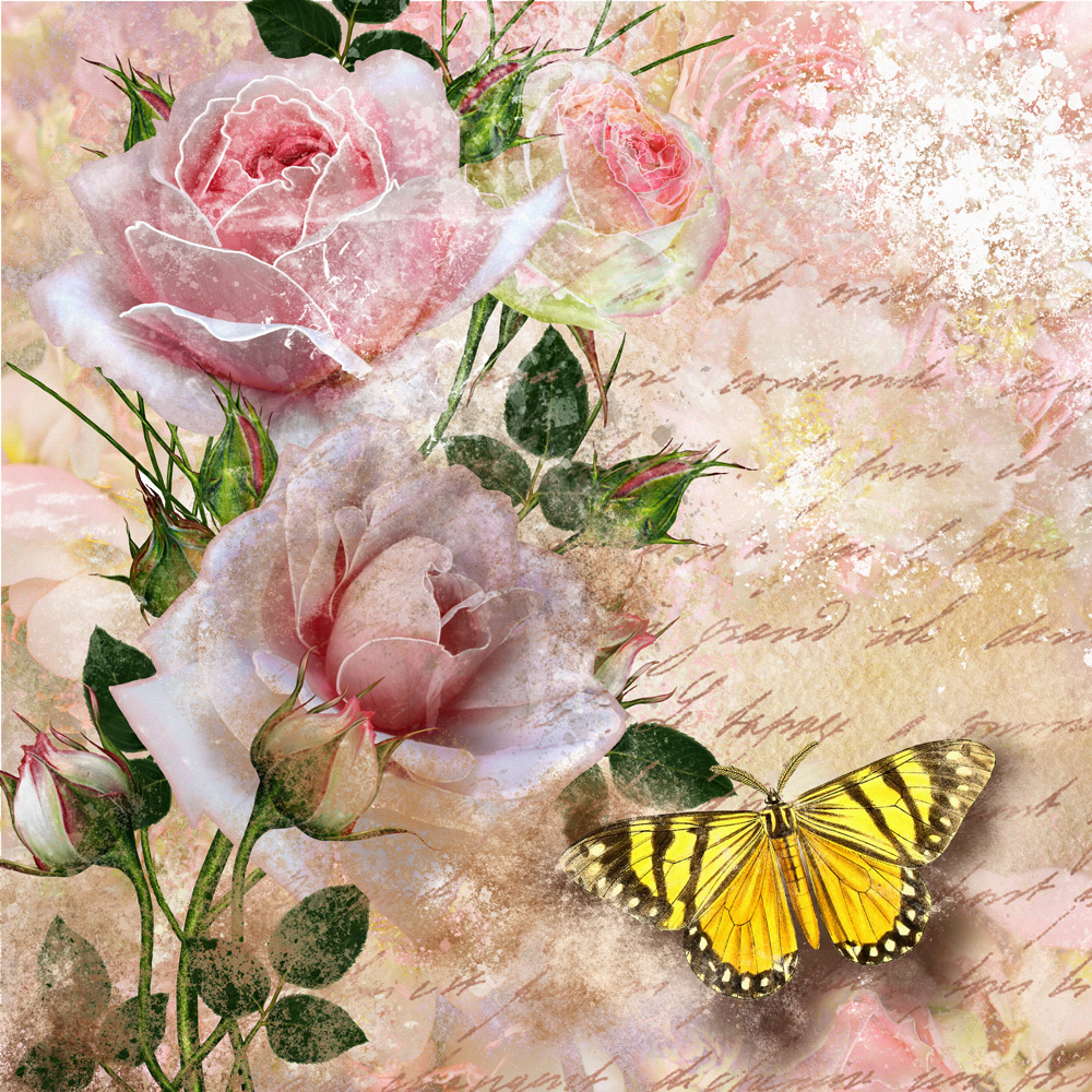 20 Servietten Tranqulity - Schmetterling an Rosen 33x33cm