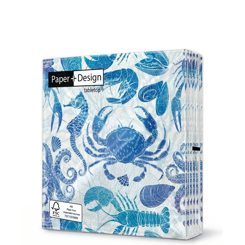 20 kleine Cocktailservietten Lobster Party - Unterwassertiere in Blau 25x25cm
