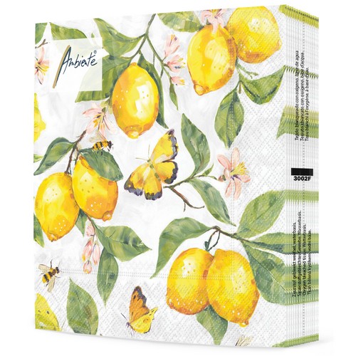 20 Servietten Fresh Lemons white - Schmetterlinge an frischen Zitronen weiß 33x33cm