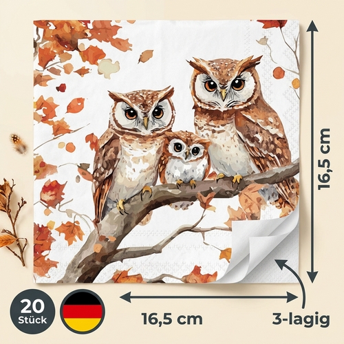 20 Servietten Family of Owls - Eulenfamilie auf Herbstbaum 33x33cm