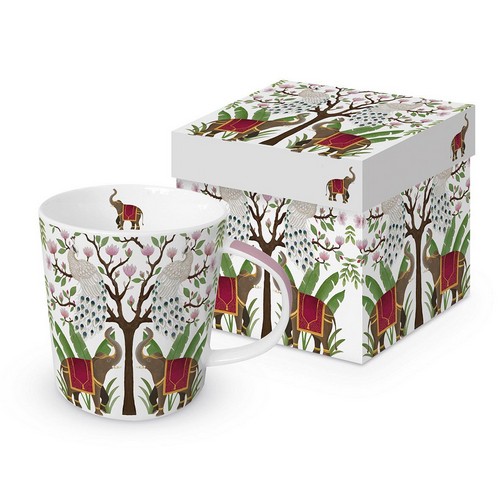 Tasse aus Porzellan Elephants & Peacocks - Elefanten und Pfauen am Baum 0,4L, Höhe 9,7cm