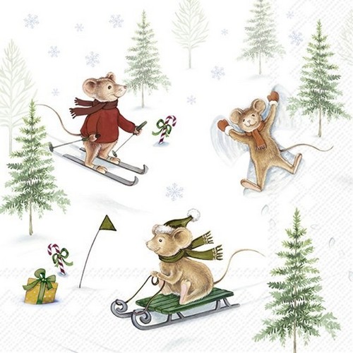 20 Servietten Winter Snow Fun - Mäuse haben Spaß im Schnee 33x33cm