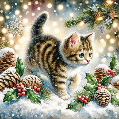 20 Servietten Cute in the snow - Katze im Schnee unterwegs 33x33cm