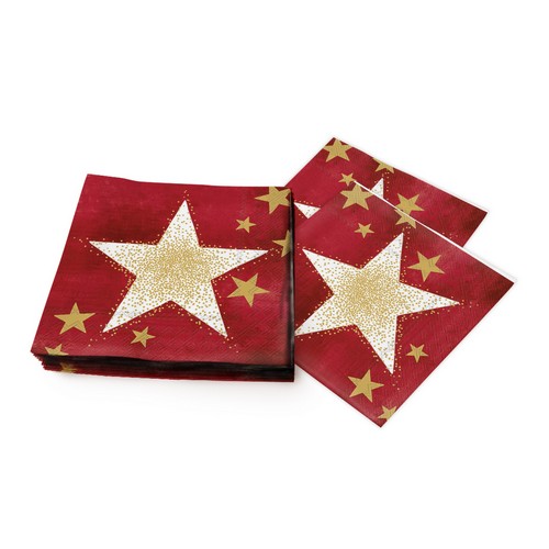 20 Servietten Shining Stars red gold - Goldener Schimmer auf Stern rot 33x33cm