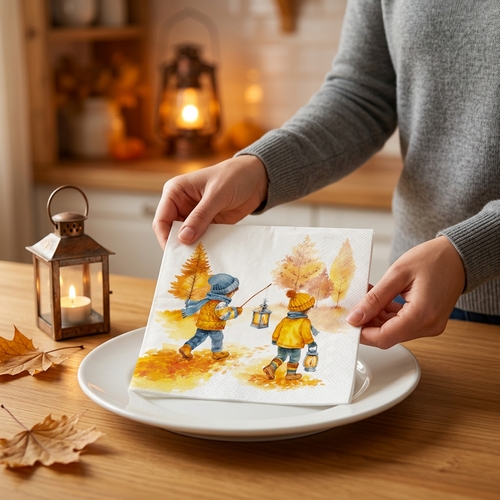 20 Servietten Autumn Walk - Kinder mit Laternen im Herbst 33x33cm