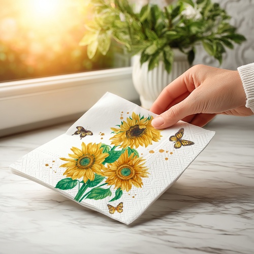 20 kleine Cocktailservietten Sunshine bloom - Sonnenblumen mit Schmetterlinge 25x25cm