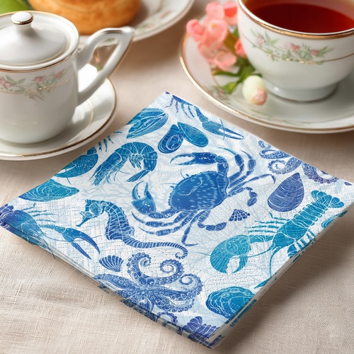 20 kleine Cocktailservietten Lobster Party - Unterwassertiere in Blau 25x25cm
