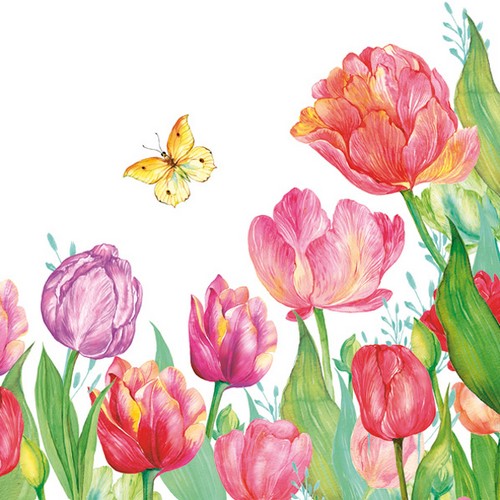 20 Servietten Watercolour Tulips with Yellow Butterfly - Schmetterling an schönen Tulpen 33x33cm