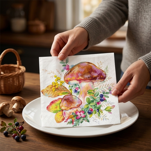 20 Servietten Mushroom Season white - Herrliche Waldszene mit Steinpilze 33x33cm
