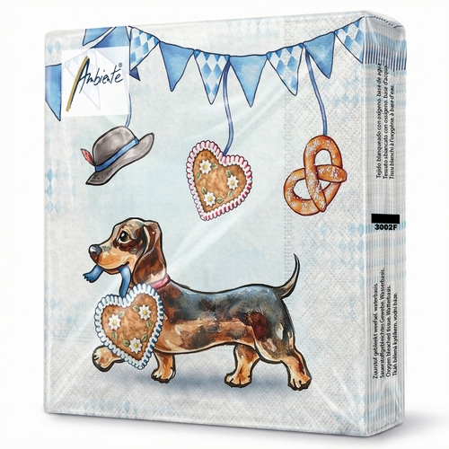 20 Servietten Bavarian Dachshund - Dackel mit Lebkuchenherz 33x33cm