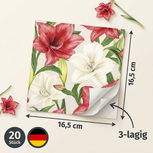 20 Servietten Floral Duo - Weihnachtsblumen rot und weiß 33x33cm