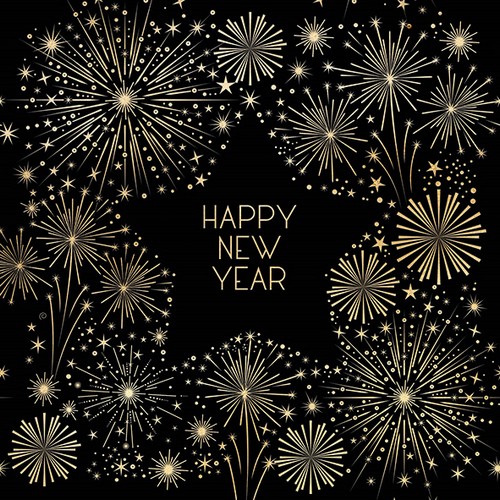 20 Servietten Golden New Year - Goldenes Feuerwerk auf schwarz 33x33cm