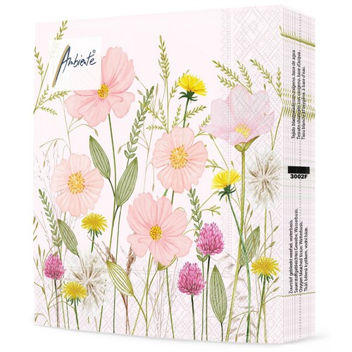 20 Servietten Pastel Flowers pink  - Rosa Blumen und Gräser 33x33cm