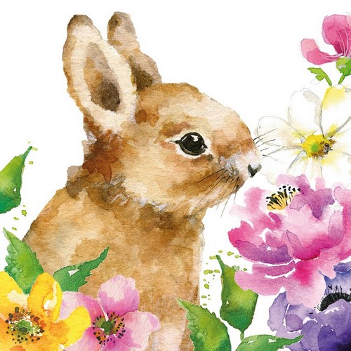 20 Servietten Am I cute? - Niedlicher Hase schnuppert an Blumen 33x33cm