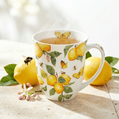 Tasse aus Porzellan Fresh lemons white  - Schmetterlinge an frischen Zitronen weiß 0,4L, Höhe 10,5cm