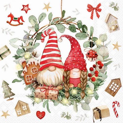 20 Servietten Gnomes in Wreath - Gnome im Kranz 33x33cm