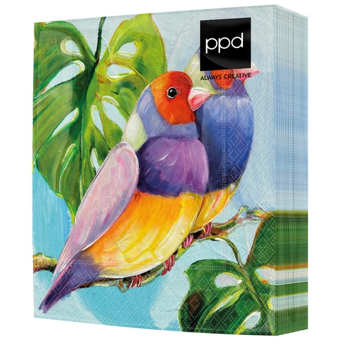 20 Servietten Conversation tropicale - Buntes Vogelpaar an Monstera 33x33cm