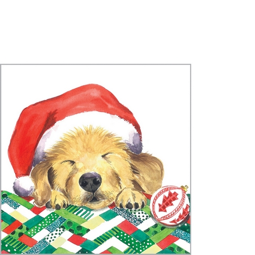 20 kleine Cocktailservietten Christmas Puppy - Träumender Weihnachtshund 25x25cm