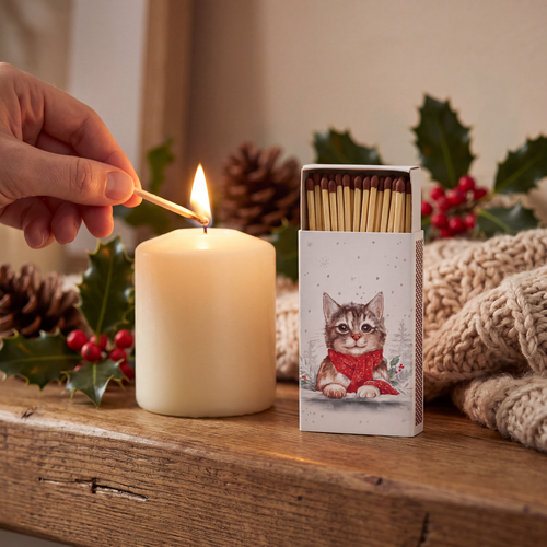 Kaminhölzer 45er Box Minou - Niedliche Katze mit Schal 11x6,3cm