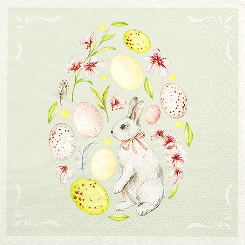 20 Servietten Gentle Easter - Hase und Blumen in Eierform 33x33cm
