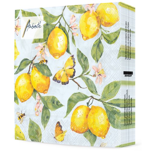 20 Servietten Fresh Lemons blue - Schmetterlinge an frischen Zitronen blau 33x33cm