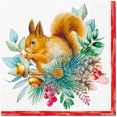 20 Servietten Vintage Squirrel Joy - Eichhörnchen im Weihnachtsgesteck 33x33cm