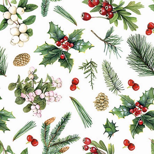20 Servietten Winter Greenery white - Zweige, Zapfen und Beeren im Winter 33x33cm