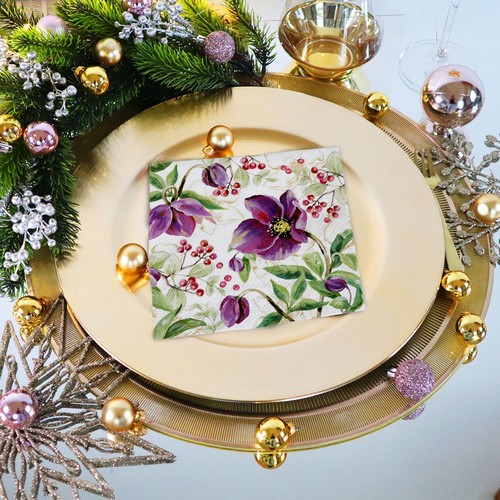 20 Servietten Rose Noel gold - Lila Christrosen mit Blätter 33x33cm